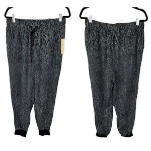 DOE & RAE SZ L Womens Black Side High Rise Drawstring Joggers New 1852 Polka dot